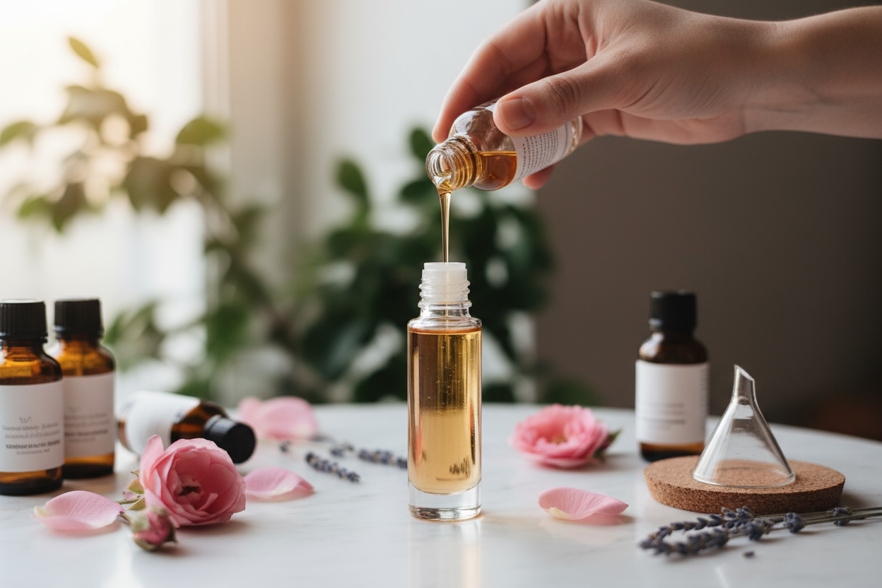 Image of a roll on perfume bottle with oil being pored into it