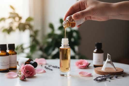 Image of a roll on perfume bottle with oil being pored into it