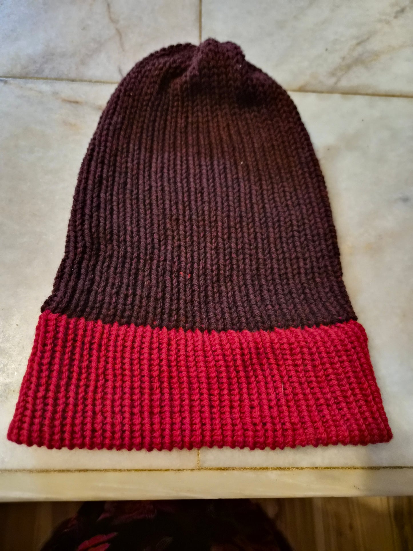 Deeply Discounted: Two-Tone Knit Beanie - Burgundy & Red (Sentro/Machine-Assisted)