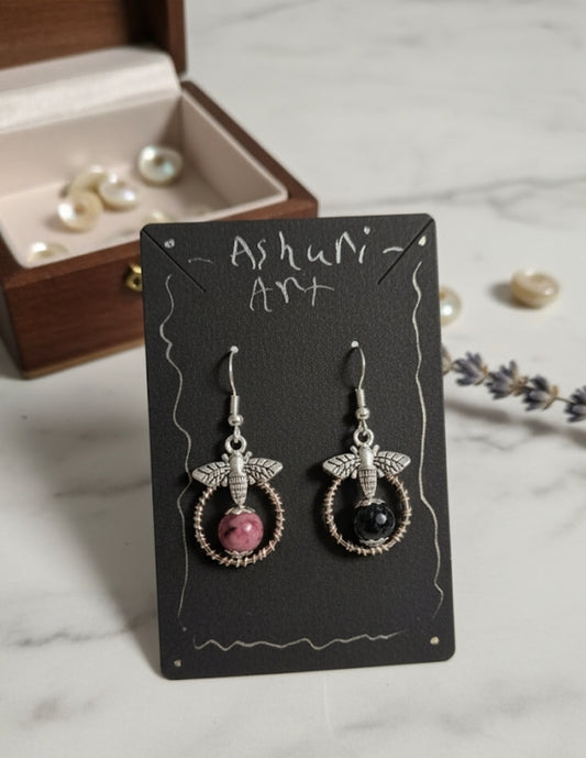 Midnight Moth Bangle & Earring Set - Handcrafted Wire Wrap Jewelry with Amethyst, Pink Jade & Butterfly Charms