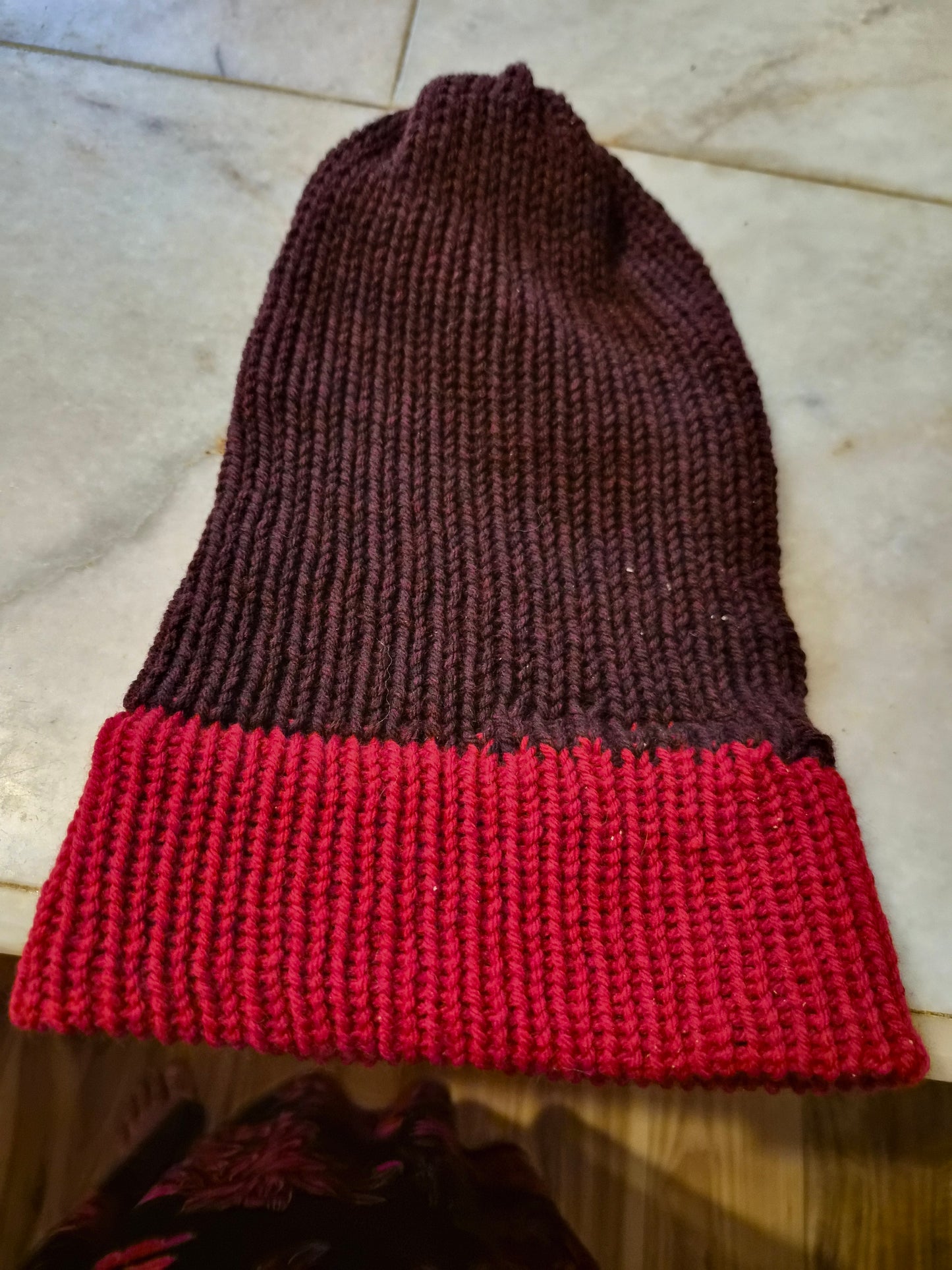 Deeply Discounted: Two-Tone Knit Beanie - Burgundy & Red (Sentro/Machine-Assisted)