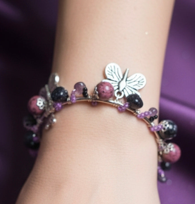 Midnight Moth Bangle & Earring Set - Handcrafted Wire Wrap Jewelry with Amethyst, Pink Jade & Butterfly Charms