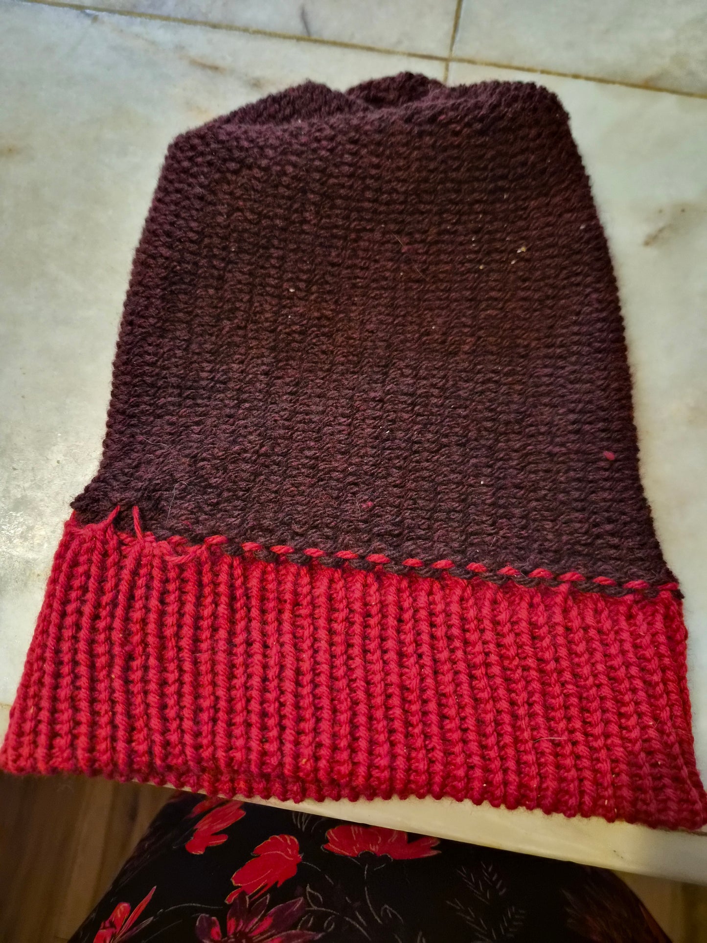 Deeply Discounted: Two-Tone Knit Beanie - Burgundy & Red (Sentro/Machine-Assisted)