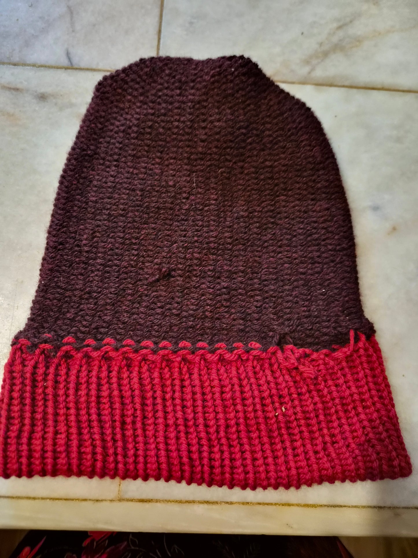 Deeply Discounted: Two-Tone Knit Beanie - Burgundy & Red (Sentro/Machine-Assisted)