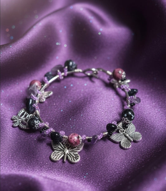 Midnight Moth Bangle & Earring Set - Handcrafted Wire Wrap Jewelry with Amethyst, Pink Jade & Butterfly Charms
