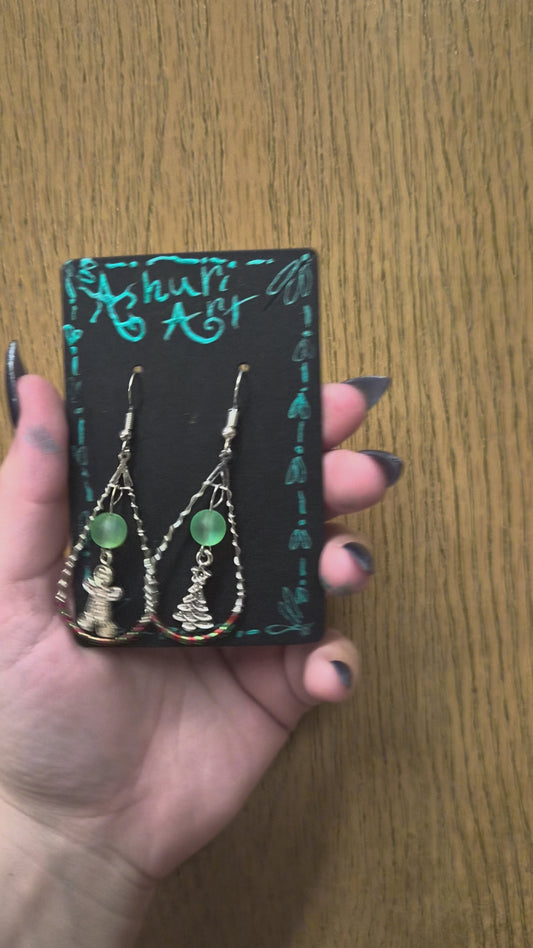 Handmade Christmas Teardrop Earrings - Mismatched Gingerbread Man & Tree - Wire Wrapped