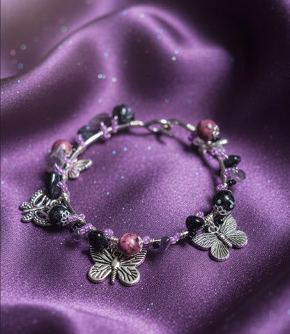 Midnight Moth Bangle & Earring Set - Handcrafted Wire Wrap Jewelry with Amethyst, Pink Jade & Butterfly Charms